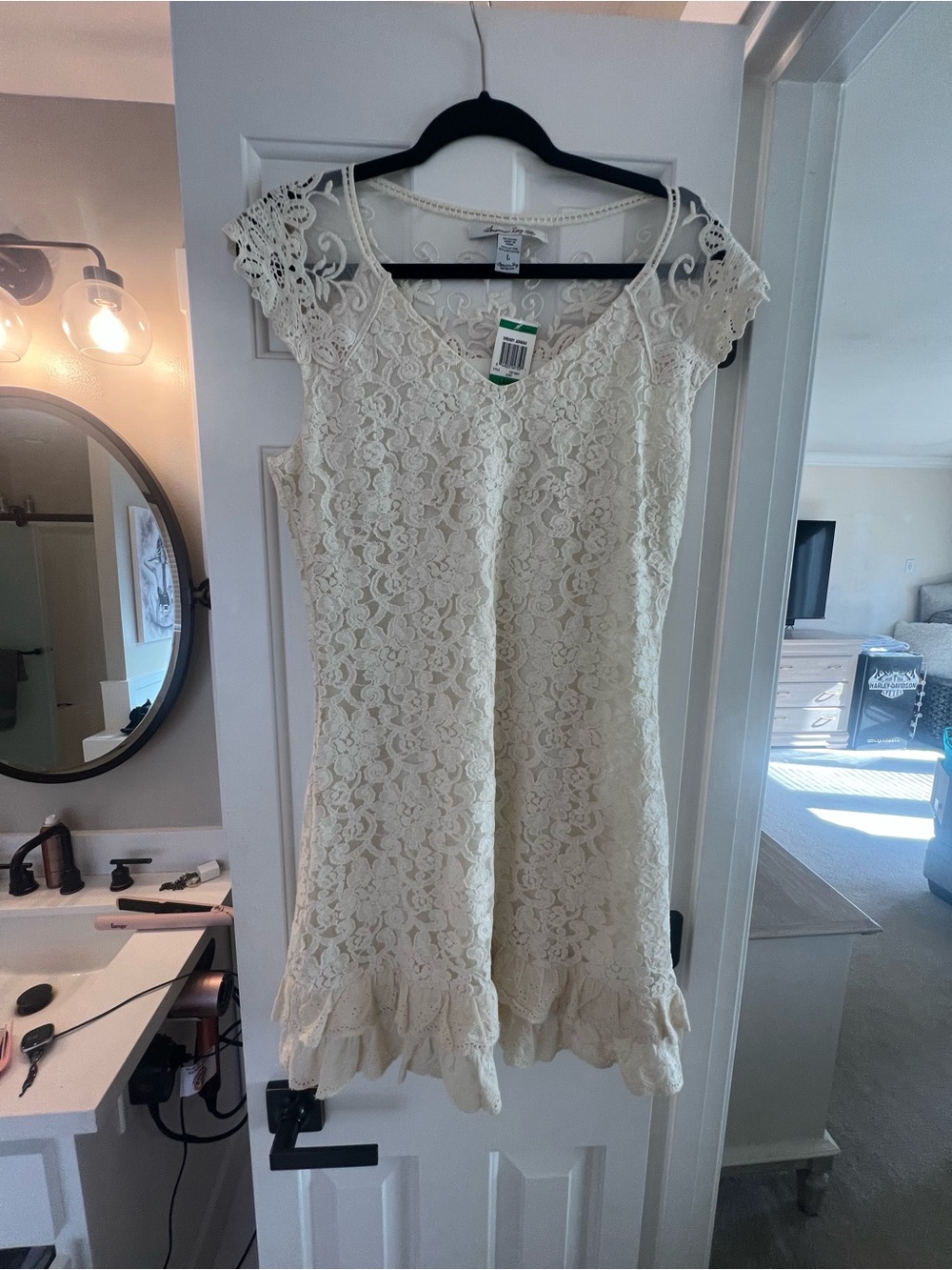 American Rag Cream Lace Cap-Sleeve Dress with Ruffle Hem